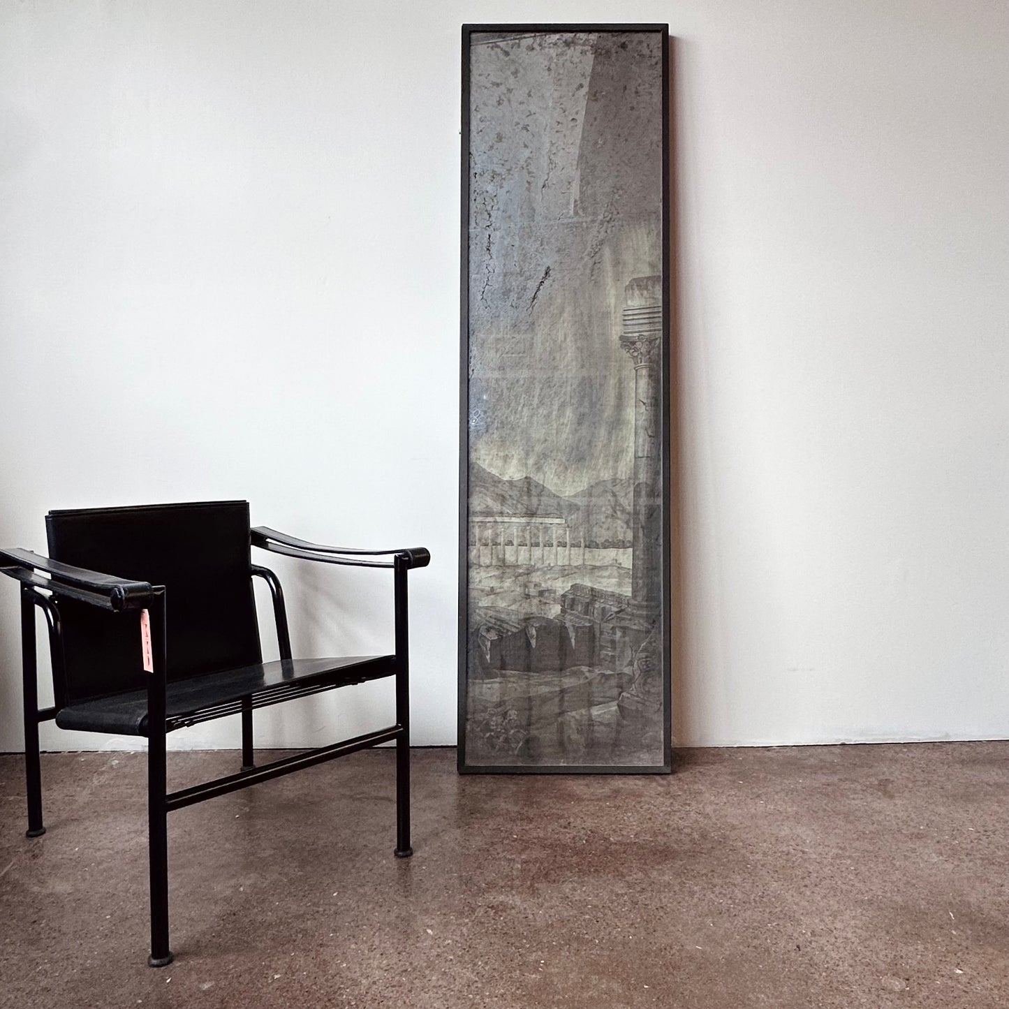 LONG ANTIQUED MIRROR WITH ROMANESQUE SCENE