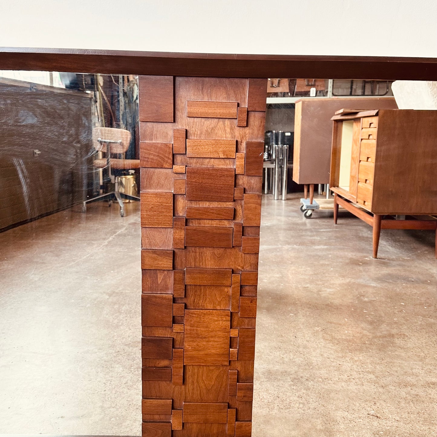 OVERSIZED WALNUT BRUTALIST WALL OR FLOOR MIRROR