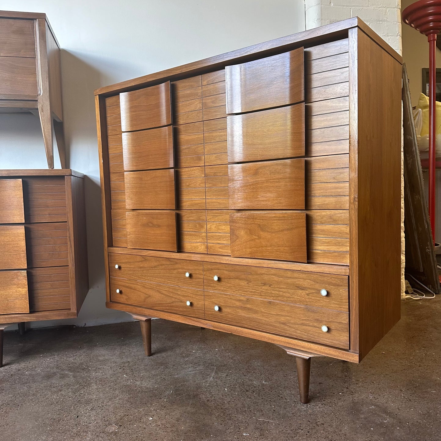 MID-CENTURY WALNUT BEDROOM SET - TWO DRESSERS AND NIGHTSTAND