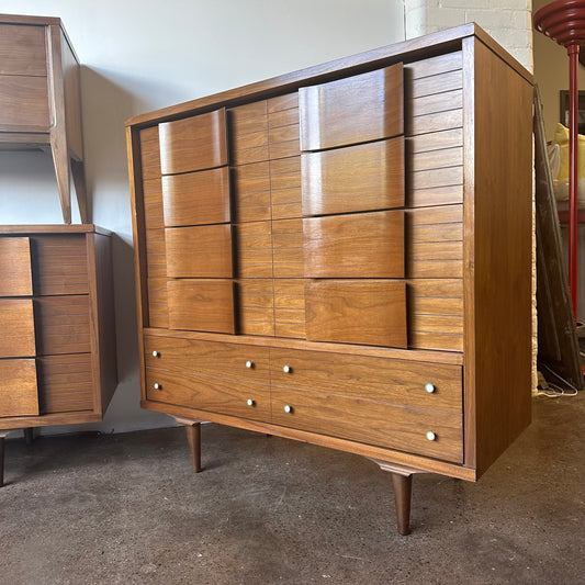 MID-CENTURY WALNUT BEDROOM SET - TWO DRESSERS AND NIGHTSTAND