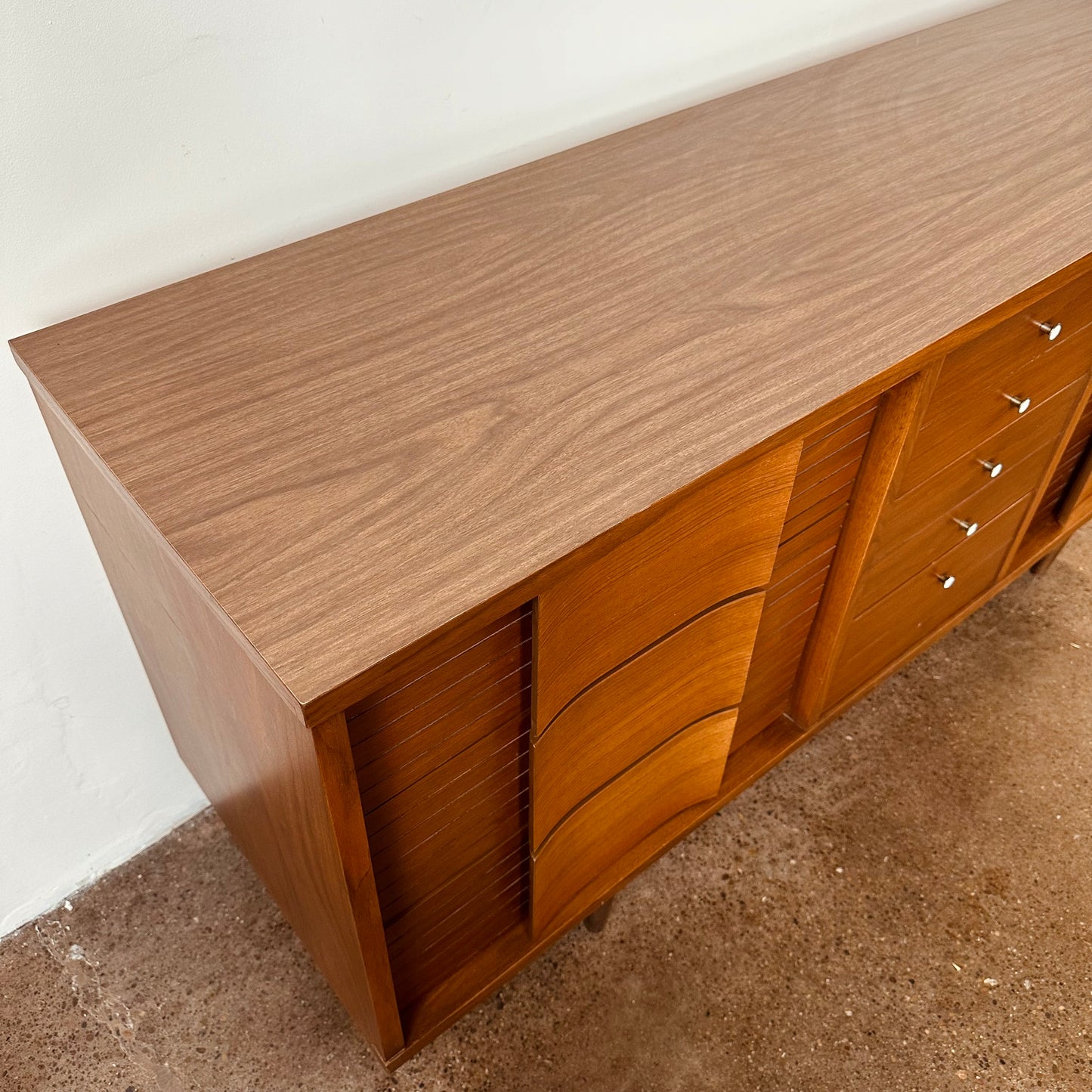 MID-CENTURY WALNUT BEDROOM SET - TWO DRESSERS AND NIGHTSTAND