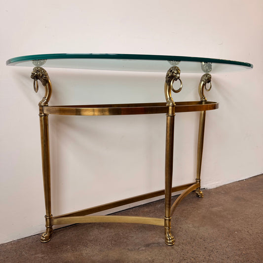 BRASS LABARGE DEMILUNE LION’S HEAD TABLE WITH GLASS