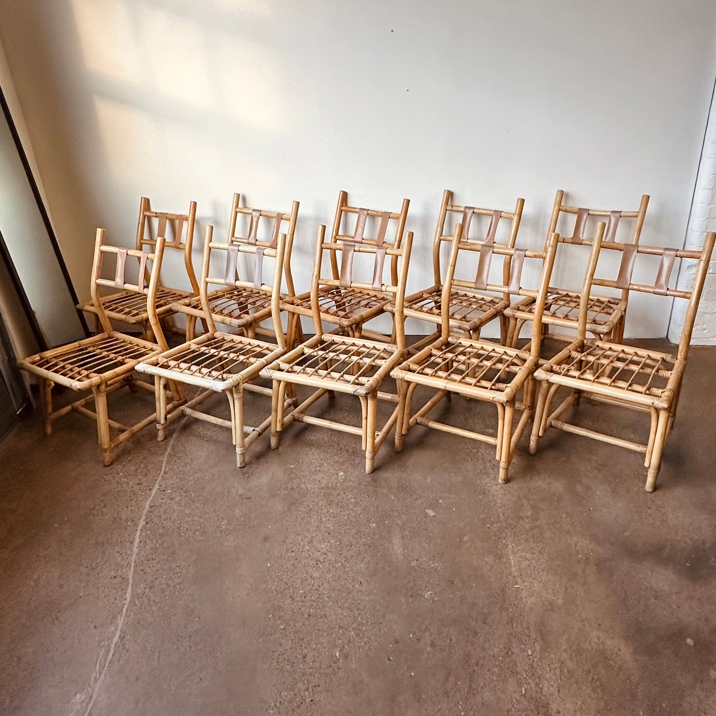 FRANKL STYLE BAMBOO RATTAN DINING CHAIRS - SET OF 10