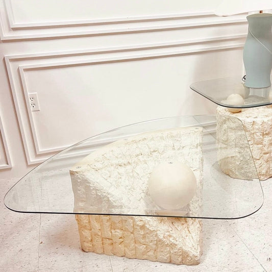 POSTMODERN TESSELLATED STONE COFFEE TABLE WITH GLASS TOP