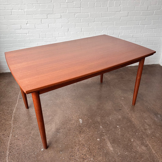 DANISH TEAK BOAT SHAPED DINING TABLE WITH DRAW LEAF