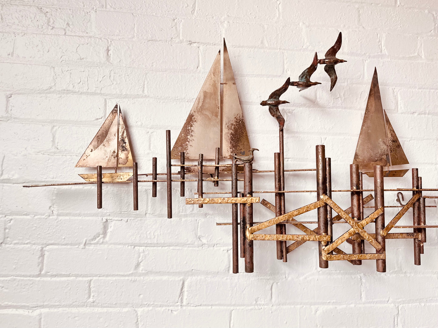 CURTIS JERE SAILBOATS & SEAGULLS METAL WALL SCULPTURE