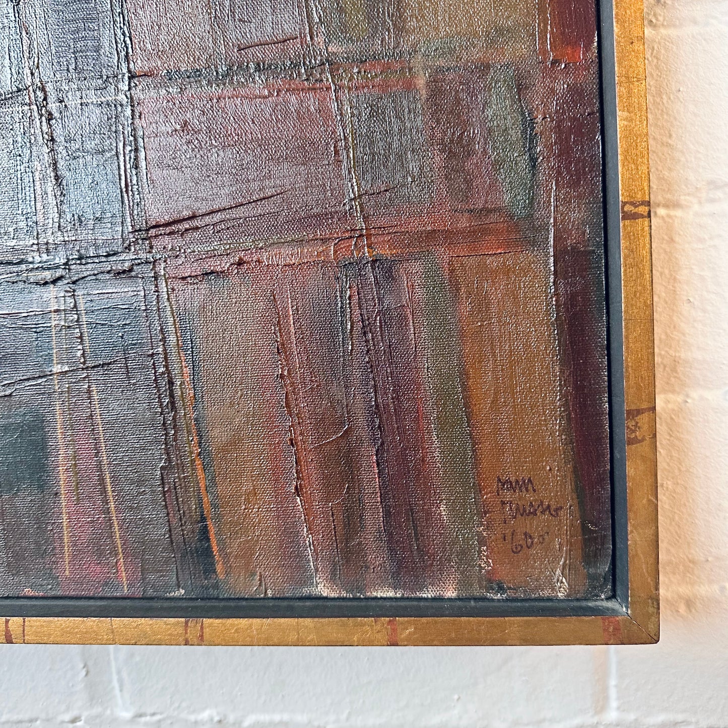 SAM RUSSO (B. 1922) SIGNED ABSTRACT OIL ON CANVAS “STRUCTURE” C.1960