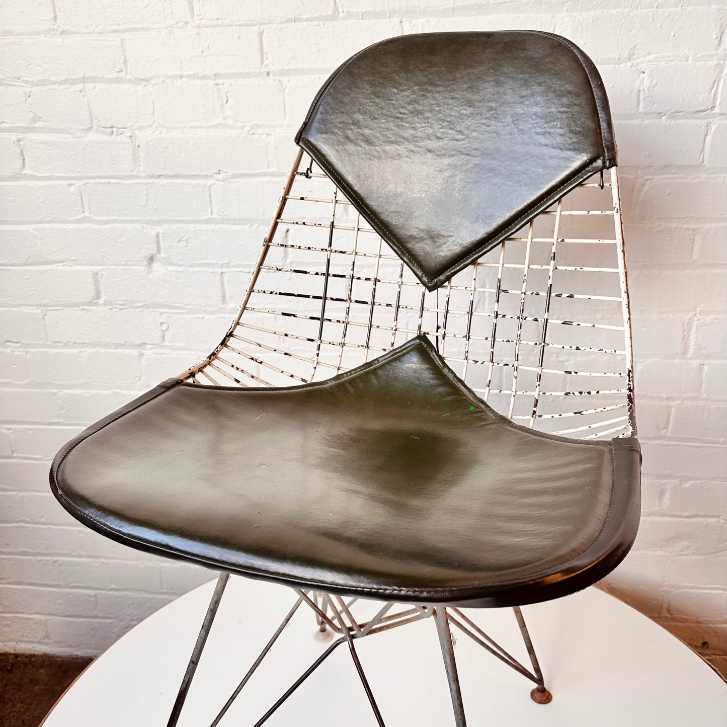 PAIR OF OLIVE GREEN EAMES DKR-2 WIRE BIKINI CHAIRS FOR HERMAN MILLER