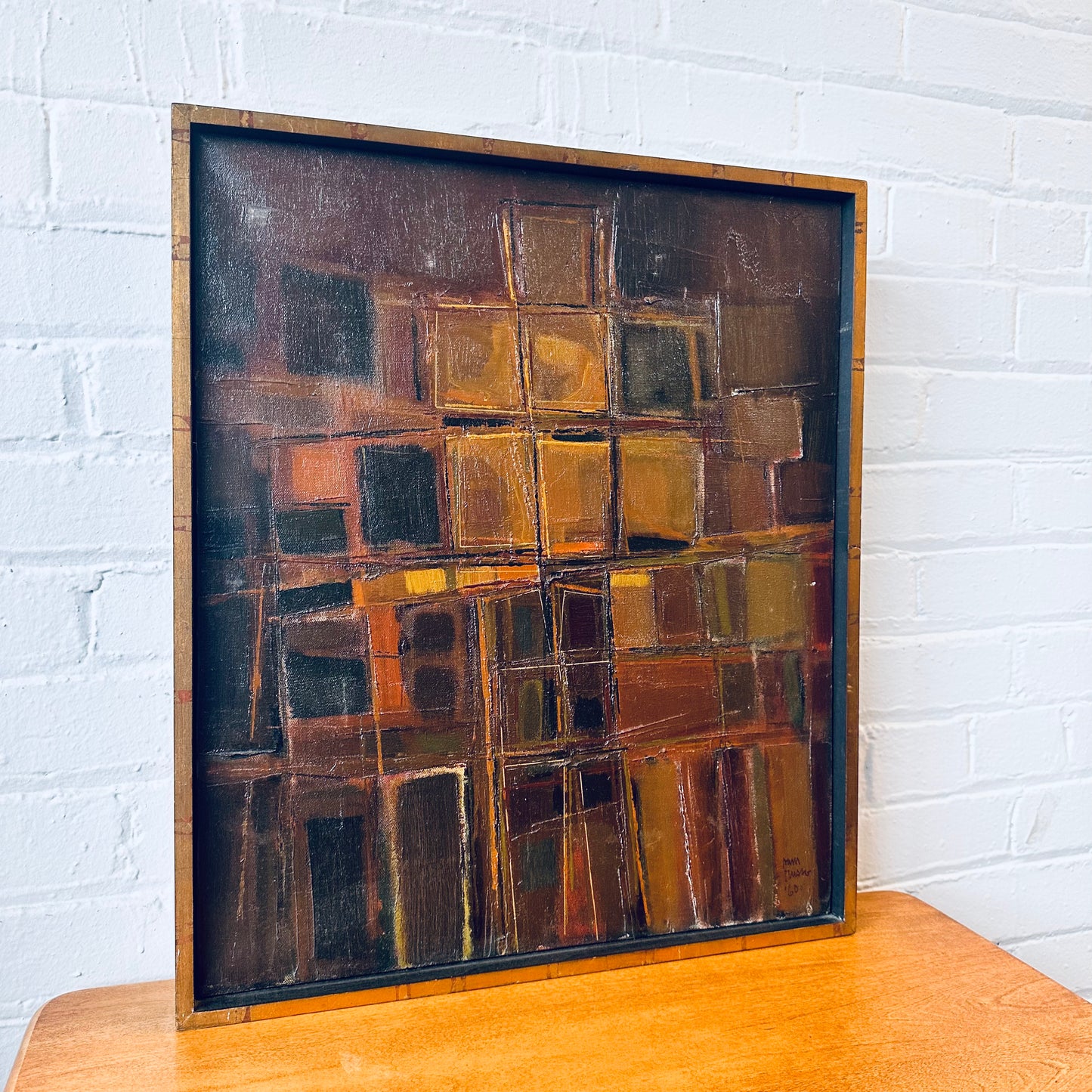 SAM RUSSO (B. 1922) SIGNED ABSTRACT OIL ON CANVAS “STRUCTURE” C.1960