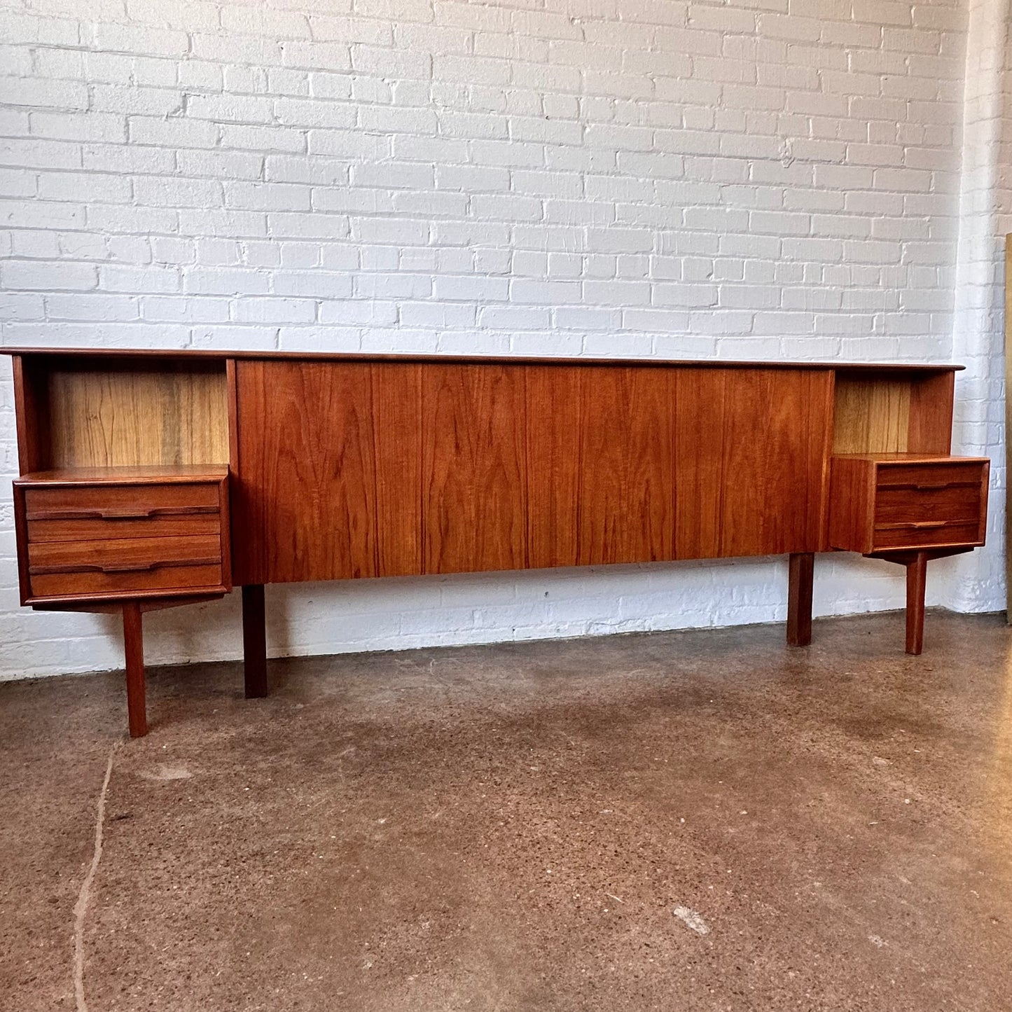 SCANDINAVIAN TEAK QUEEN HEADBOARD WITH NIGHT STANDS