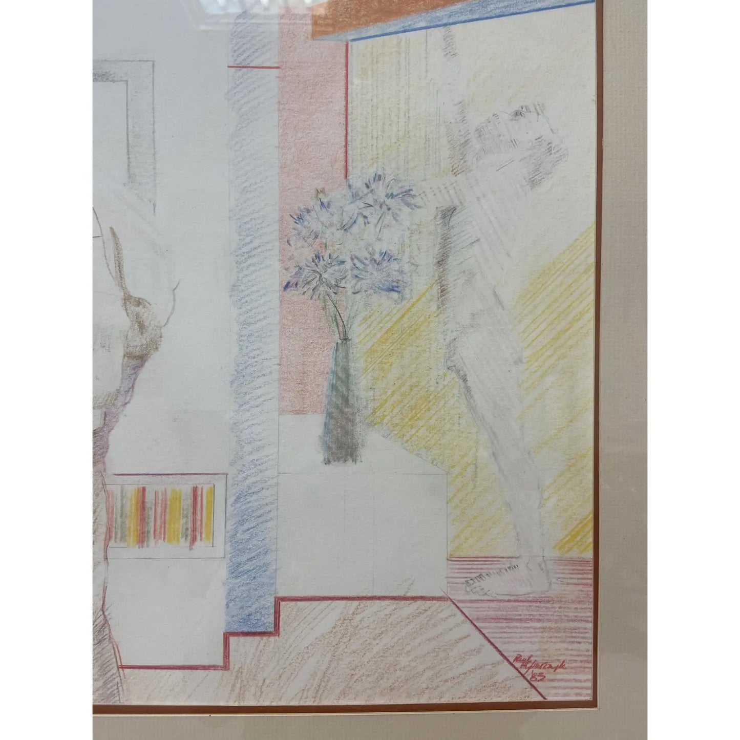 1980S FIGURATIVE MALE IN INTERIOR COLOR PENCIL SKETCH BY PAUL RYBARCZYK, FRAMED