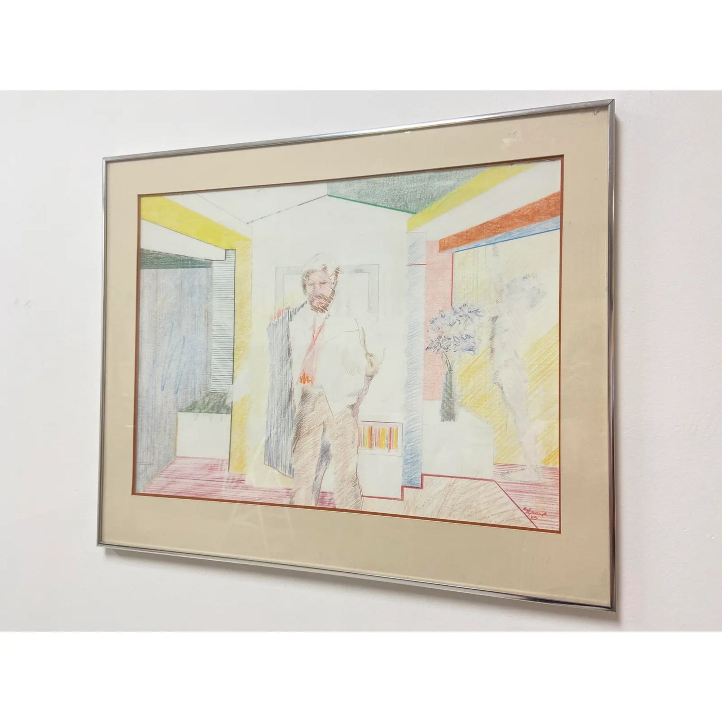 1980S FIGURATIVE MALE IN INTERIOR COLOR PENCIL SKETCH BY PAUL RYBARCZYK, FRAMED
