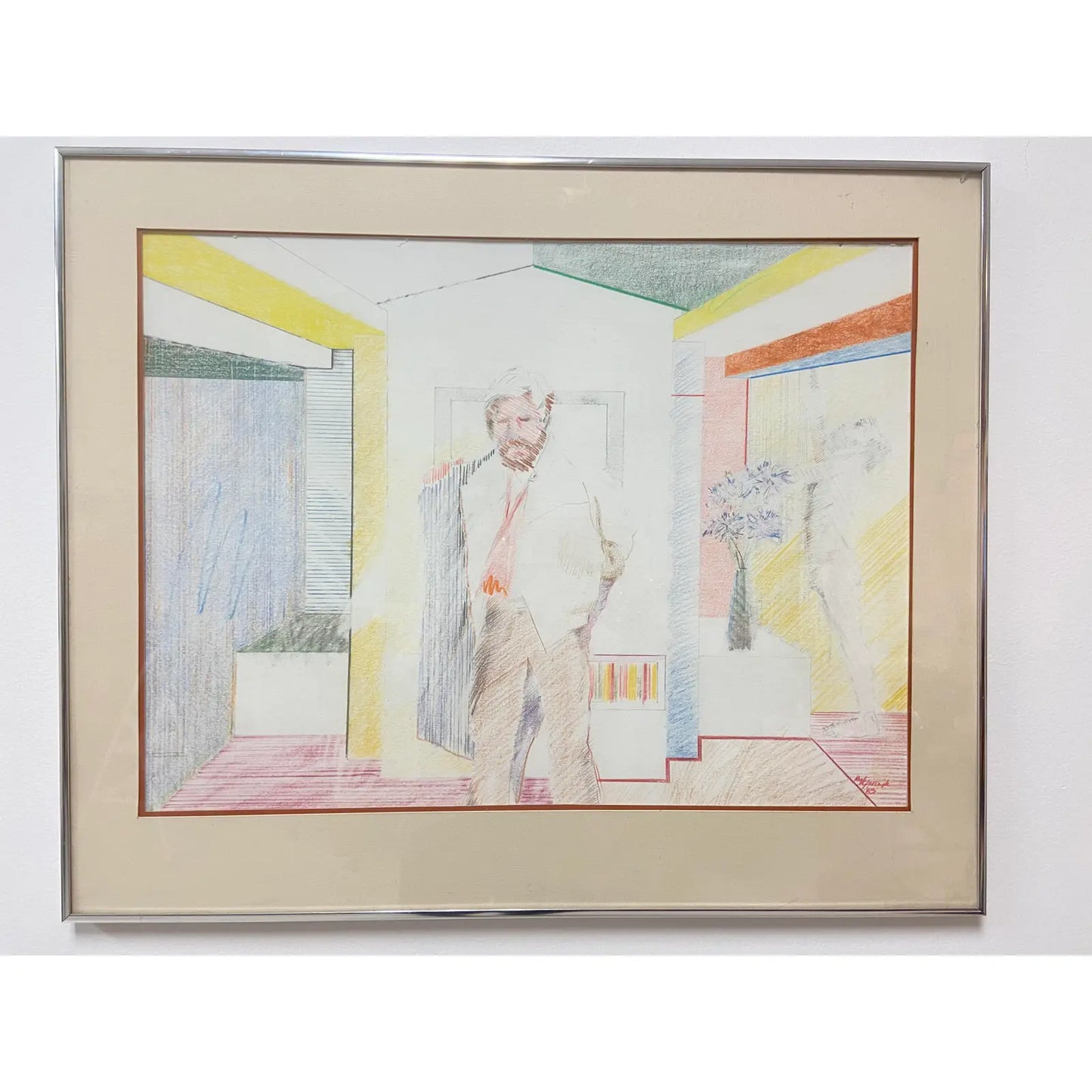 1980S FIGURATIVE MALE IN INTERIOR COLOR PENCIL SKETCH BY PAUL RYBARCZYK, FRAMED