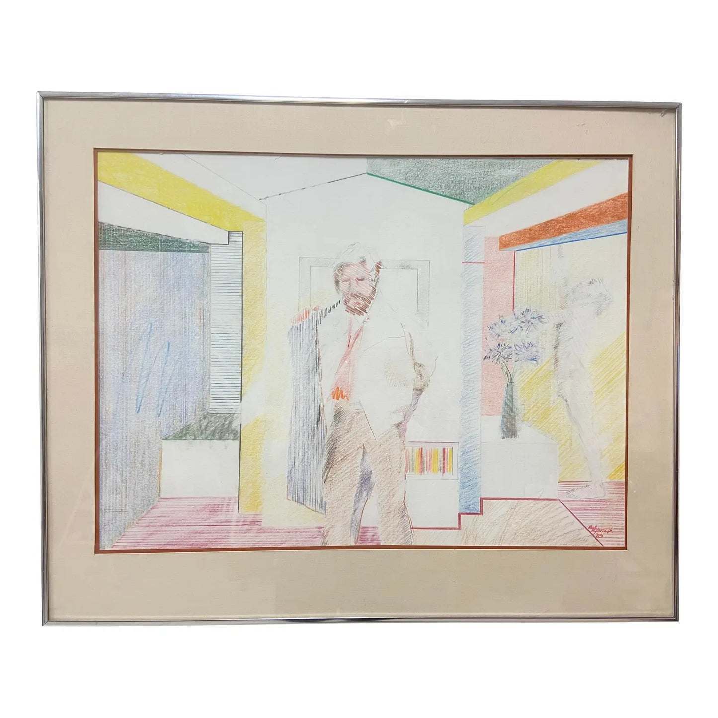 1980S FIGURATIVE MALE IN INTERIOR COLOR PENCIL SKETCH BY PAUL RYBARCZYK, FRAMED