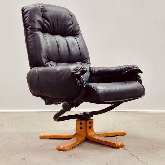 VINTAGE EURO BLACK LEATHER SWIVEL RECLINER CHAIR