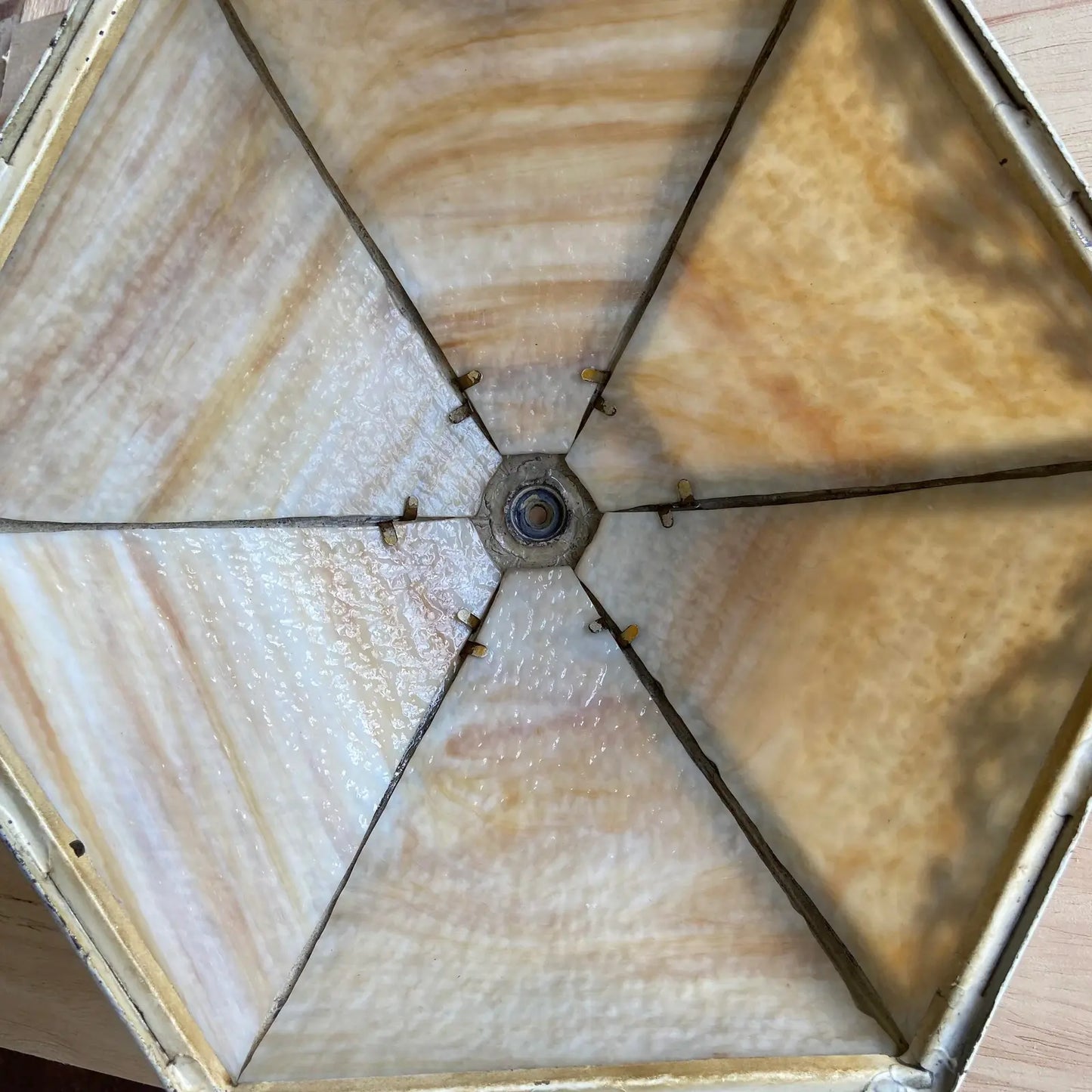 ANTIQUE BARBOLA SLAG GLASS LAMP WITH CAST METAL