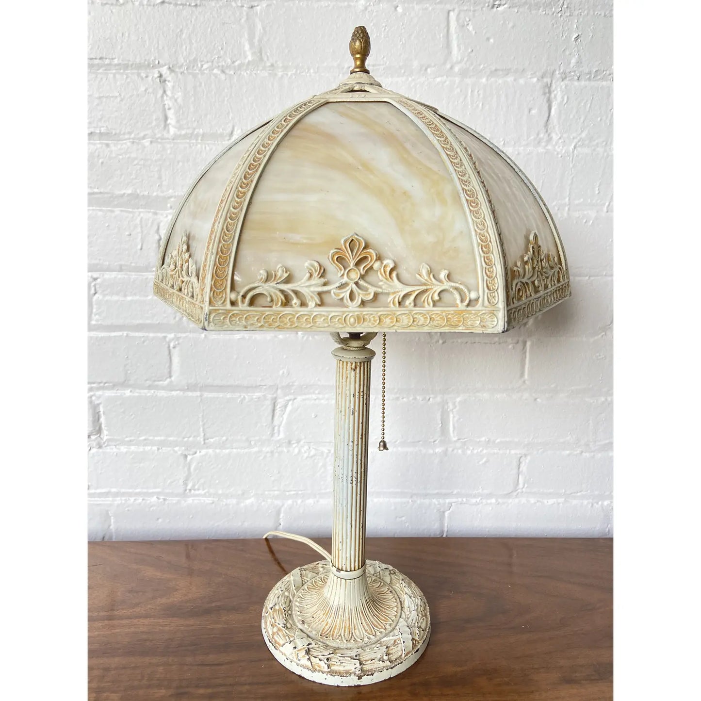 ANTIQUE BARBOLA SLAG GLASS LAMP WITH CAST METAL