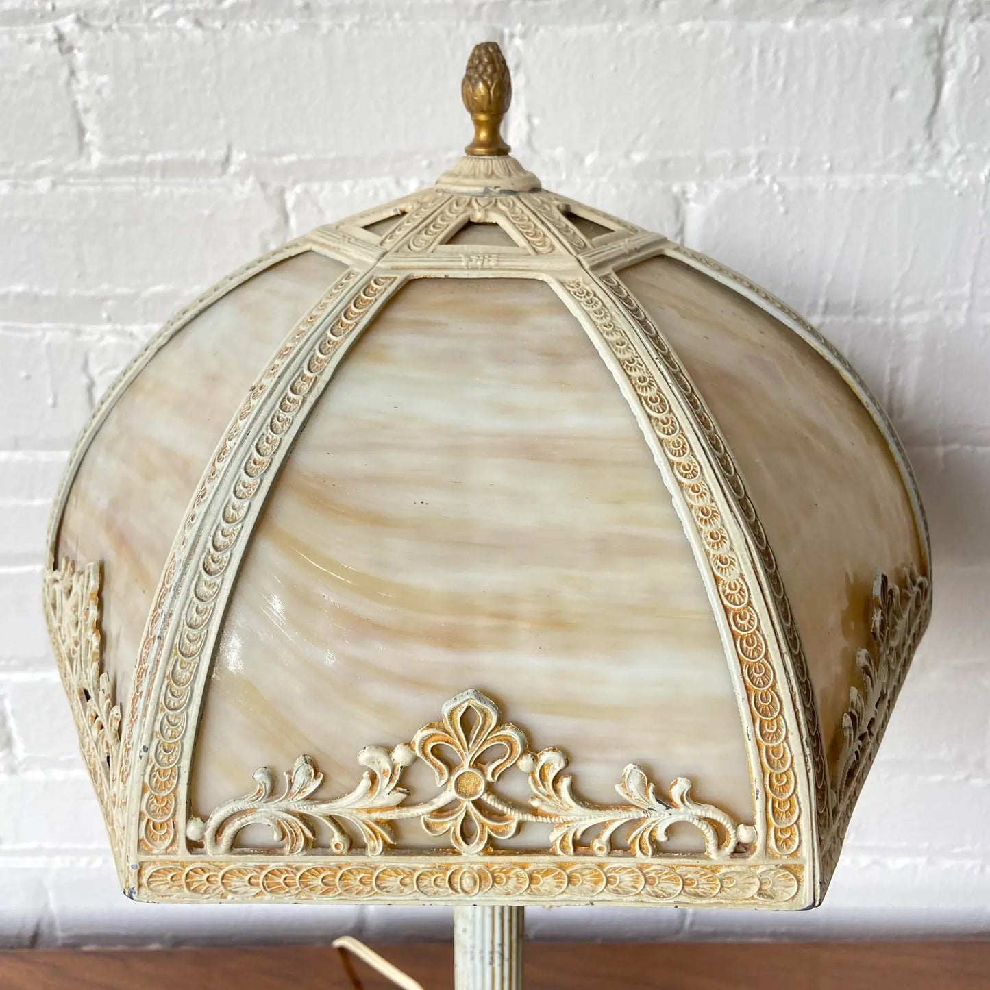 ANTIQUE BARBOLA SLAG GLASS LAMP WITH CAST METAL