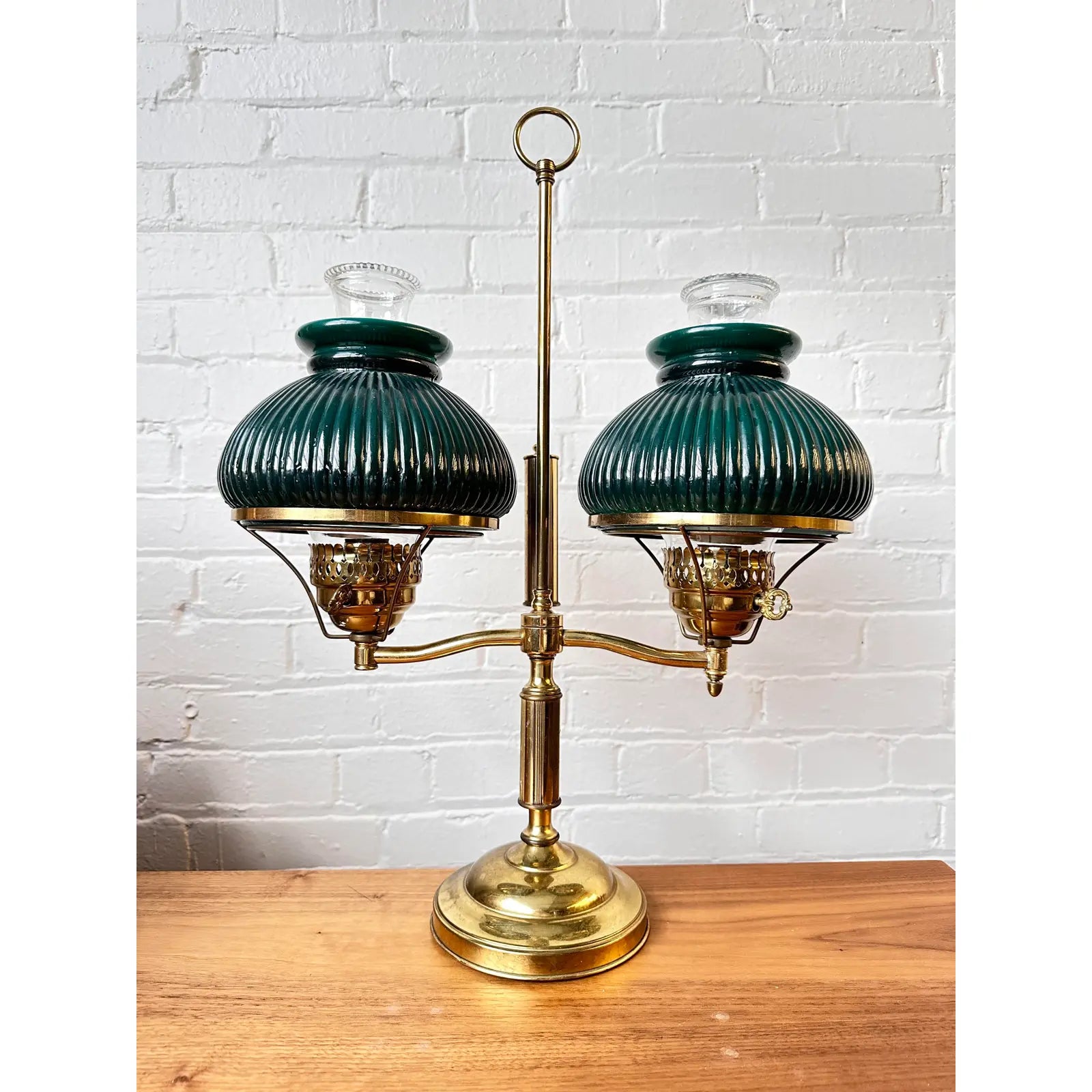 Classic vintage ministerial lamp in polished brass green glass
