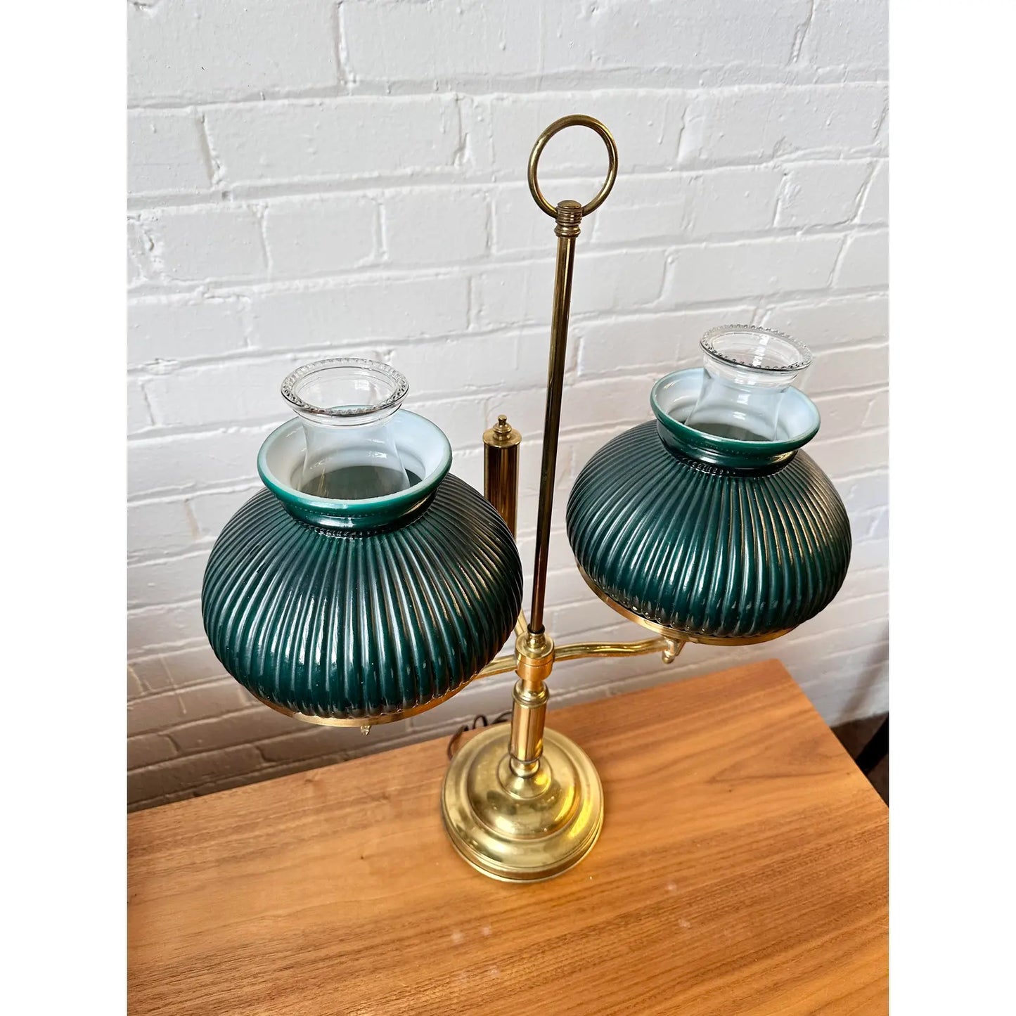 ANTIQUE DESK LAMP WITH DUAL GREEN GLASS SHADES