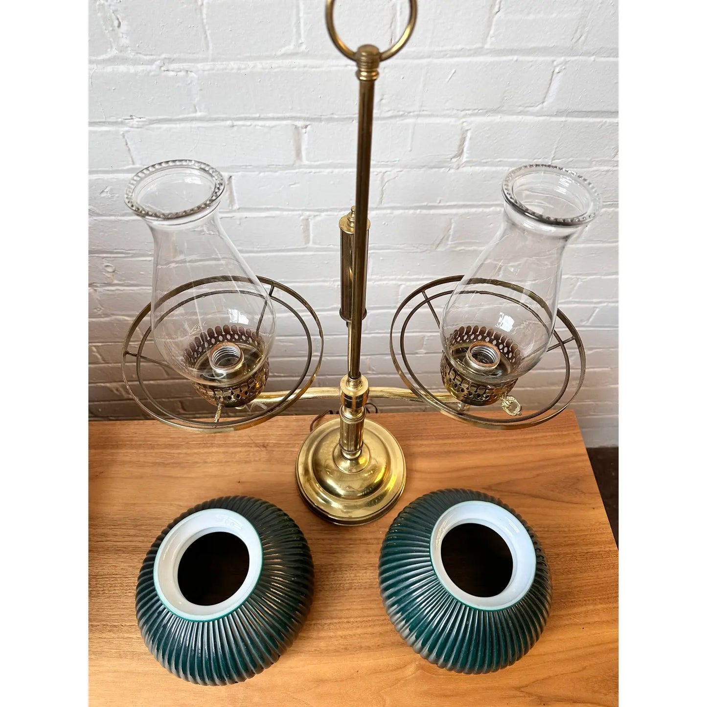ANTIQUE DESK LAMP WITH DUAL GREEN GLASS SHADES