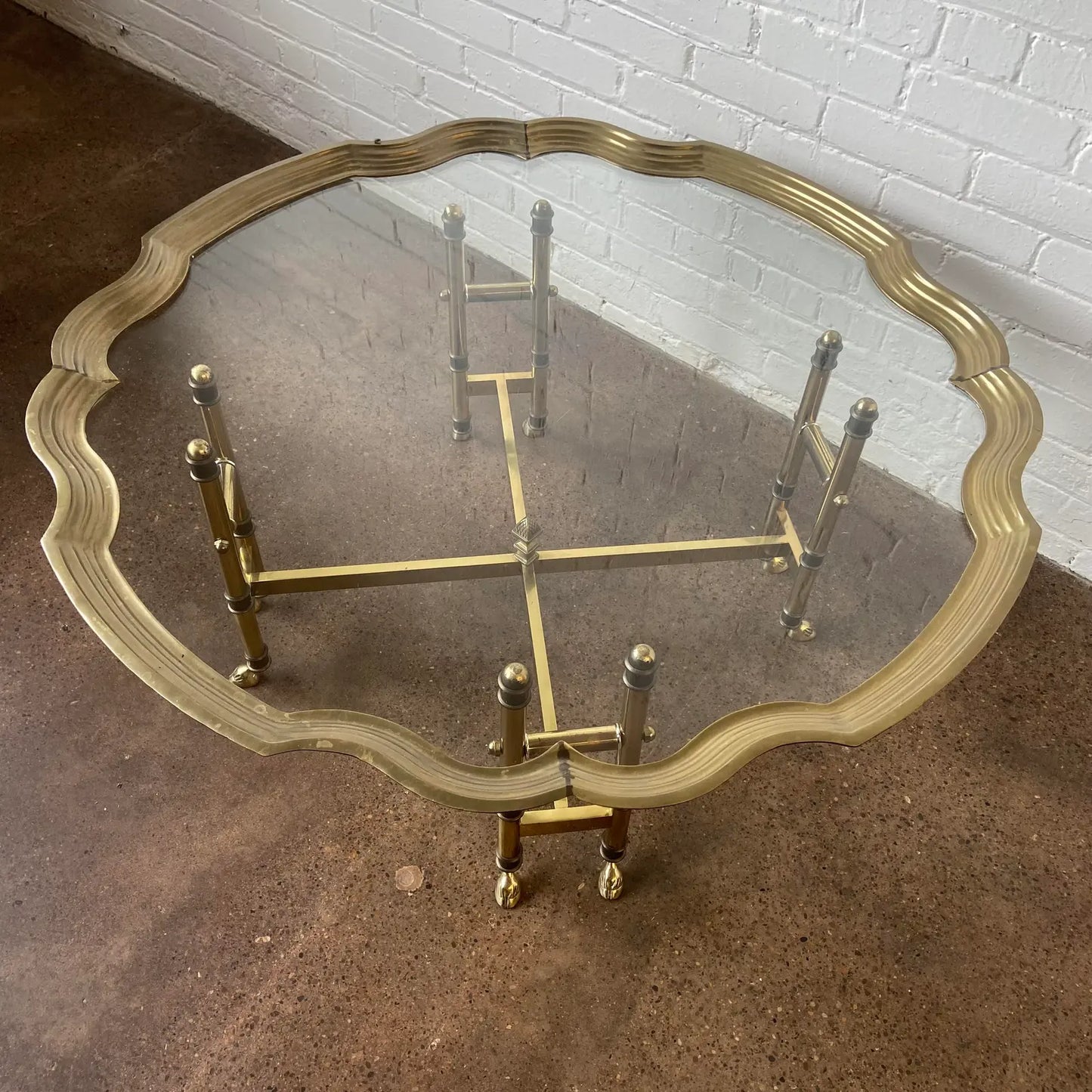 BAKER COFFEE TABLE WITH BRASS, GLASS & FAUX BAMBOO
