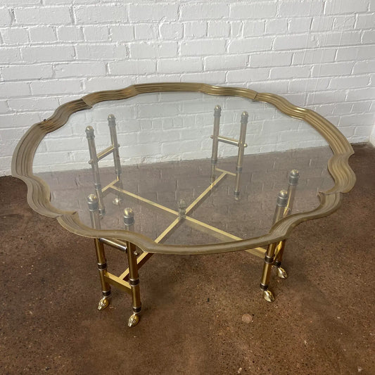 BAKER COFFEE TABLE WITH BRASS, GLASS & FAUX BAMBOO
