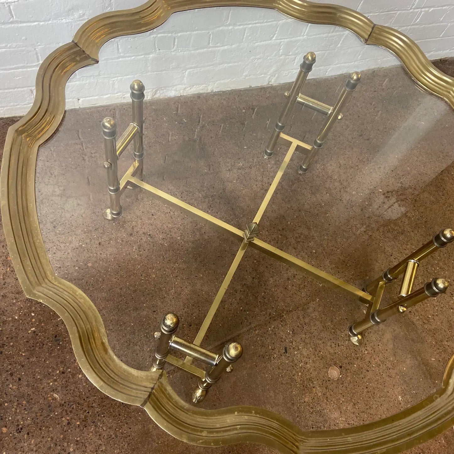 BAKER COFFEE TABLE WITH BRASS, GLASS & FAUX BAMBOO