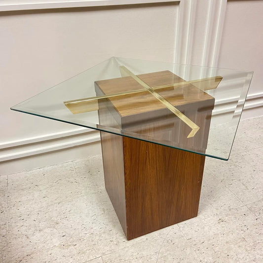 DANISH TEAK TABLE WITH BRASS BRACES & GLASS TOP