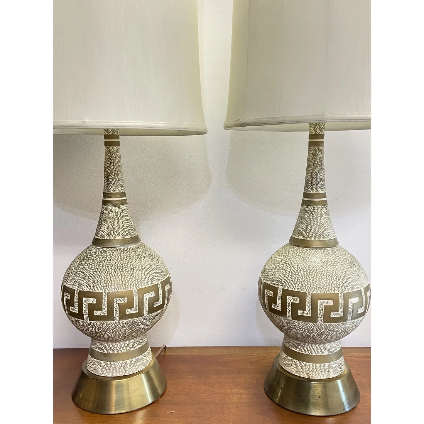 GREEK KEY HOLLYWOOD REGENCY LAMPS WITH SHADES - PAIR