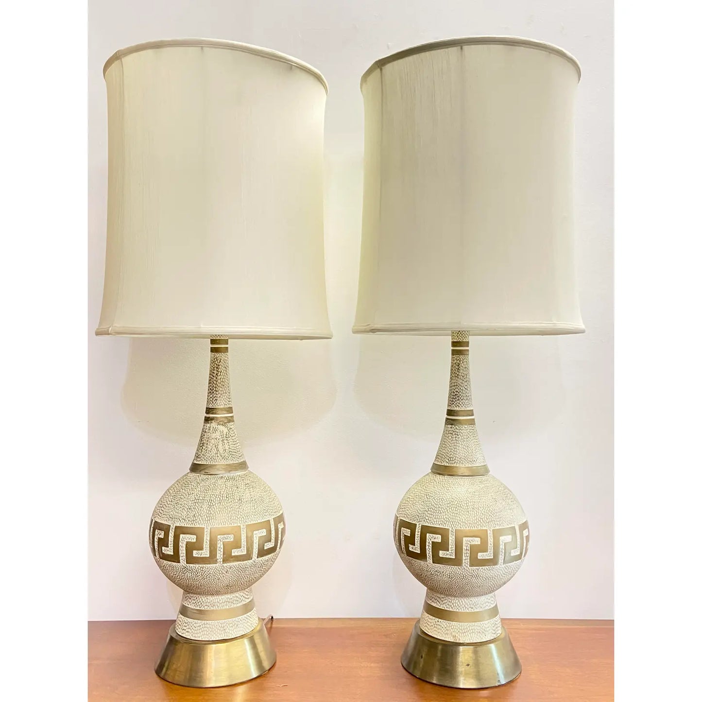 GREEK KEY HOLLYWOOD REGENCY LAMPS WITH SHADES - PAIR
