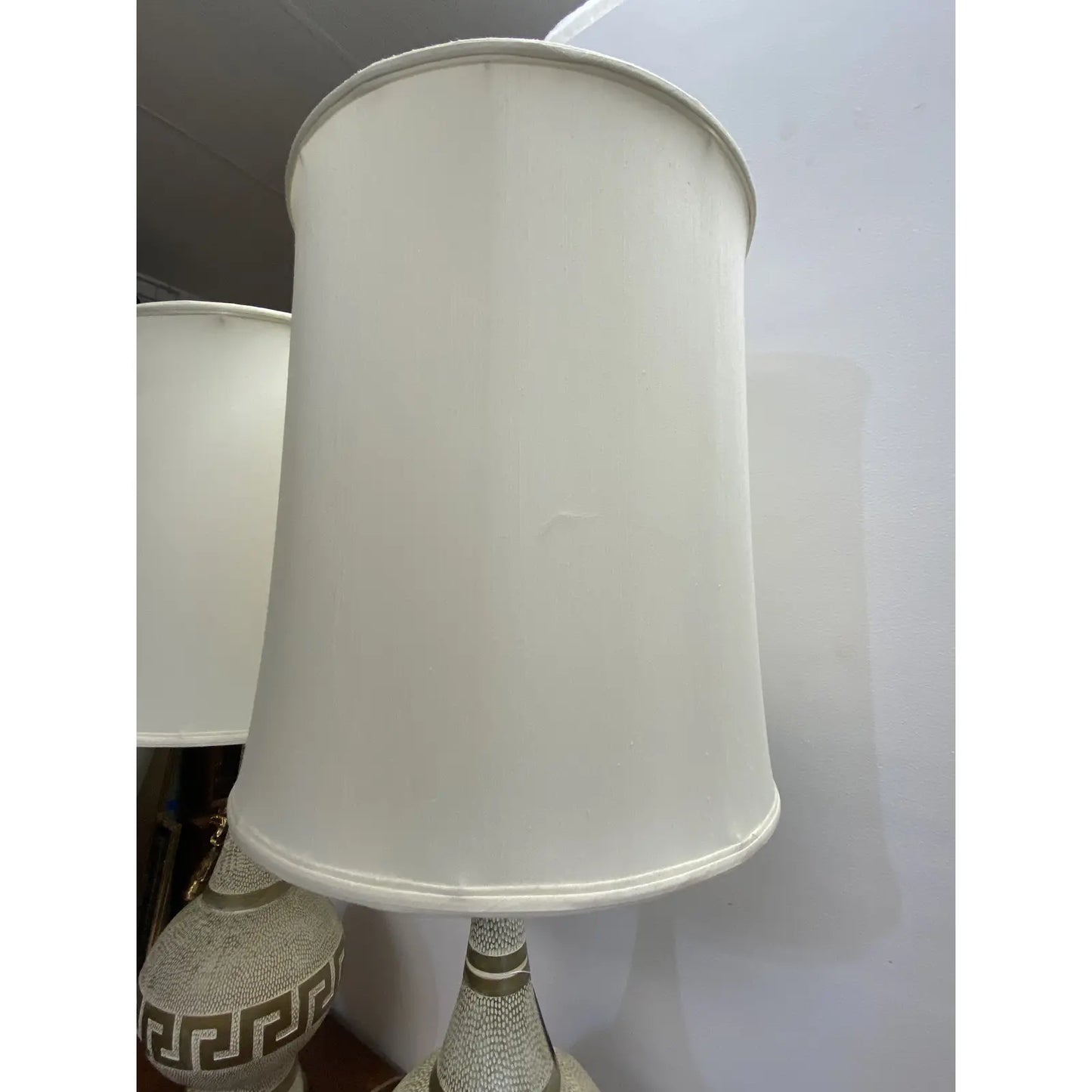 GREEK KEY HOLLYWOOD REGENCY LAMPS WITH SHADES - PAIR