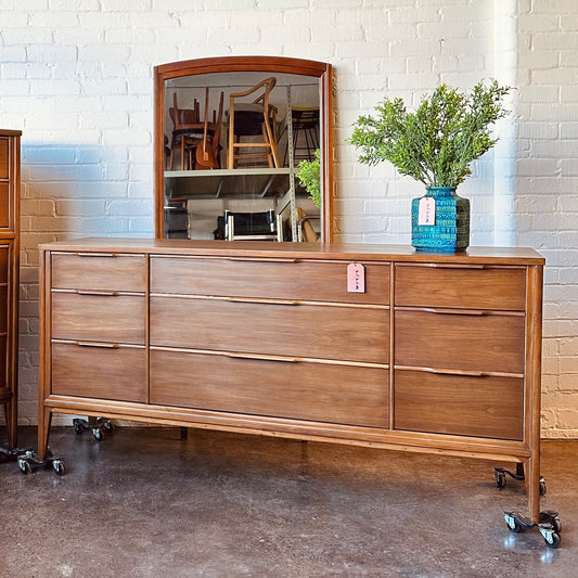 KENT COFFEY WALNUT DRESSER WITH 6 DRAWERS & MIRROR