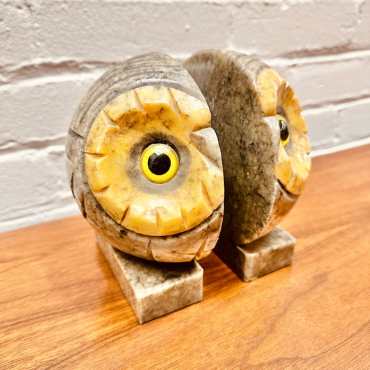 ITALIAN MARBLE ALABASTER OWL HEAD BOOKENDS
