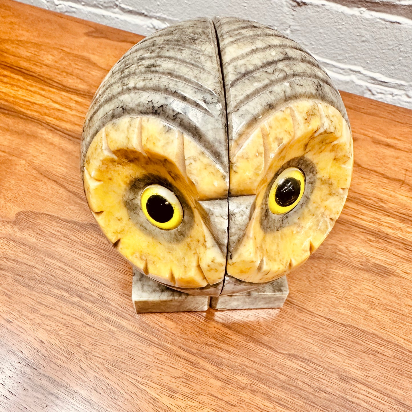 ITALIAN MARBLE ALABASTER OWL HEAD BOOKENDS
