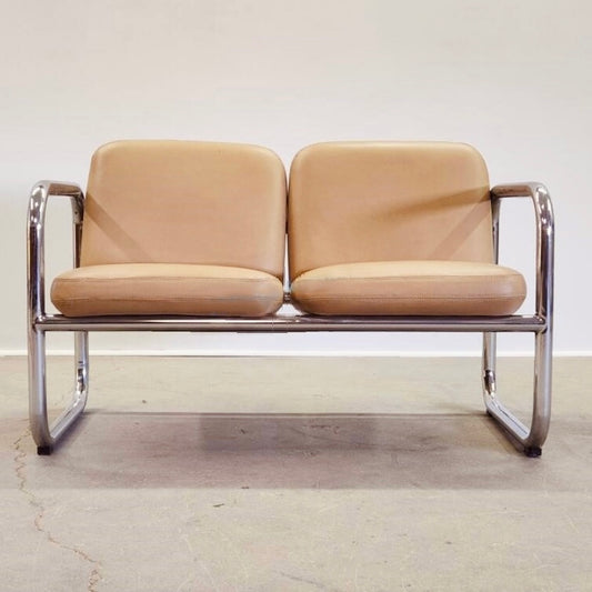TUBULAR CHROME & CAMEL TWO-SEATER LOVESEAT