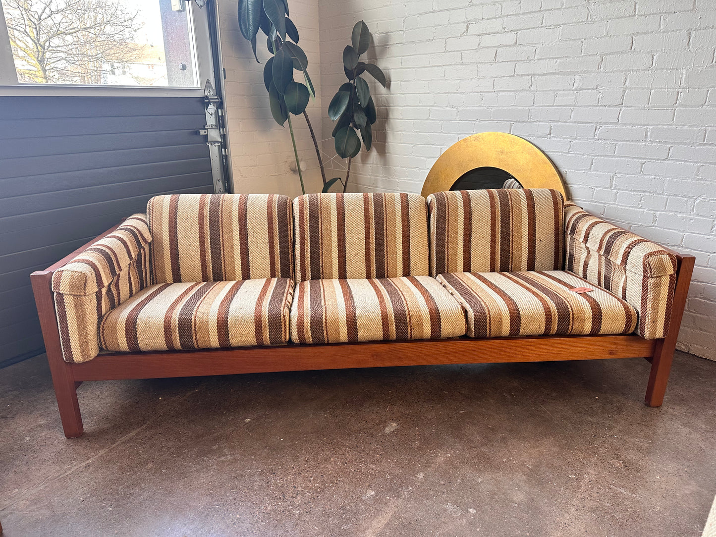 THREE-SEAT DANISH SOFA WITH TEAK FRAME & STRIPES