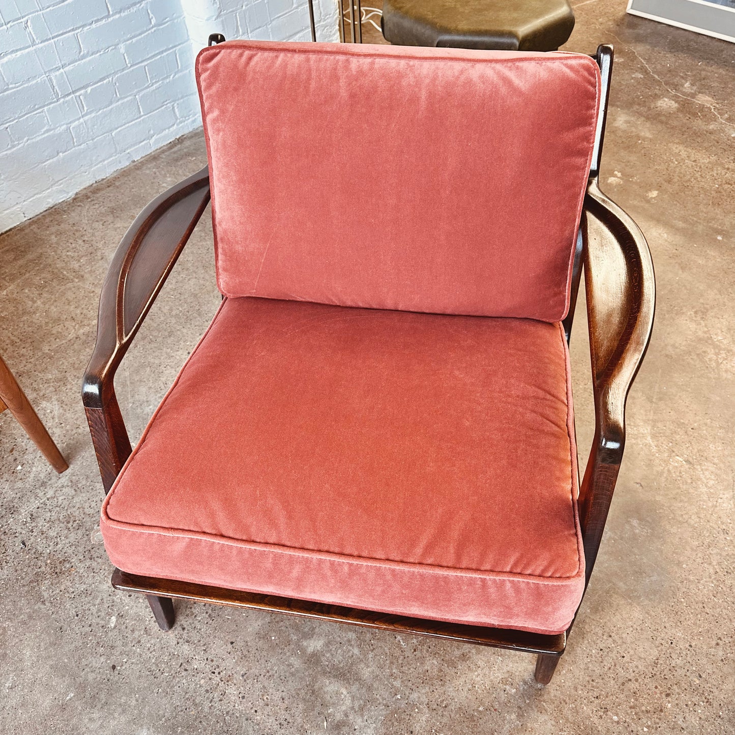 LAWRENCE PEABODY WALNUT ARM CHAIR FOR SELIG, MODEL 596