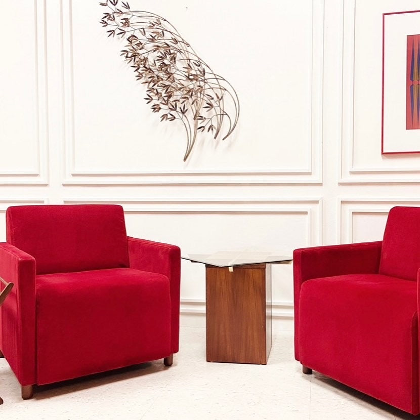 RUBY RED UPHOLSTERED STEELCASE ARM CHAIRS - PAIR