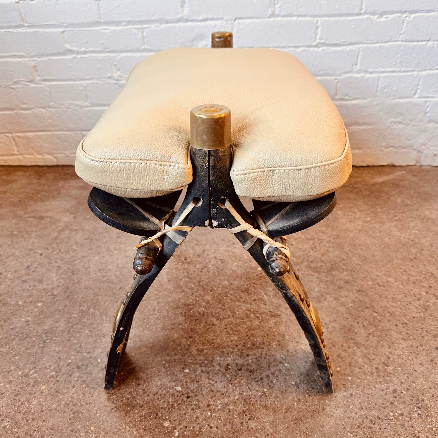 LEATHER CAMEL SADLE OTTOMAN - REUPHOLSTERED