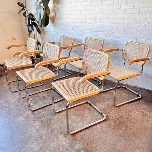 SET OF 6 MARCEL BREUER CESCA CANED ARM CHAIRS, MADE IN ITALY