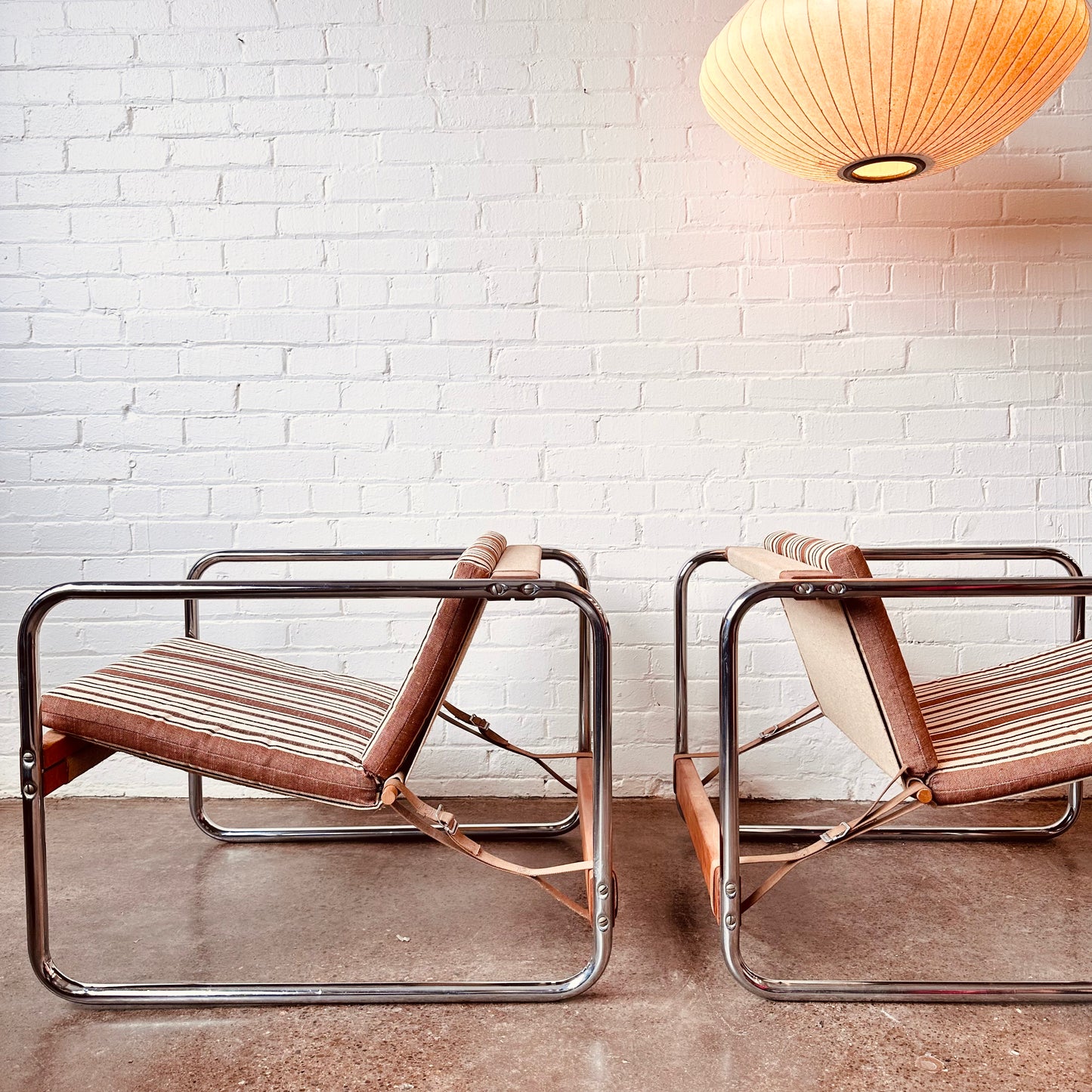 PAIR OF CHROME SLING CHAIRS BY MICHEL DALLAIRE FOR KAREMA