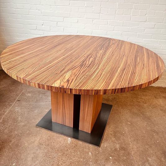 MODERN ZEBRA WOOD DINING TABLE WITH STEEL BASE