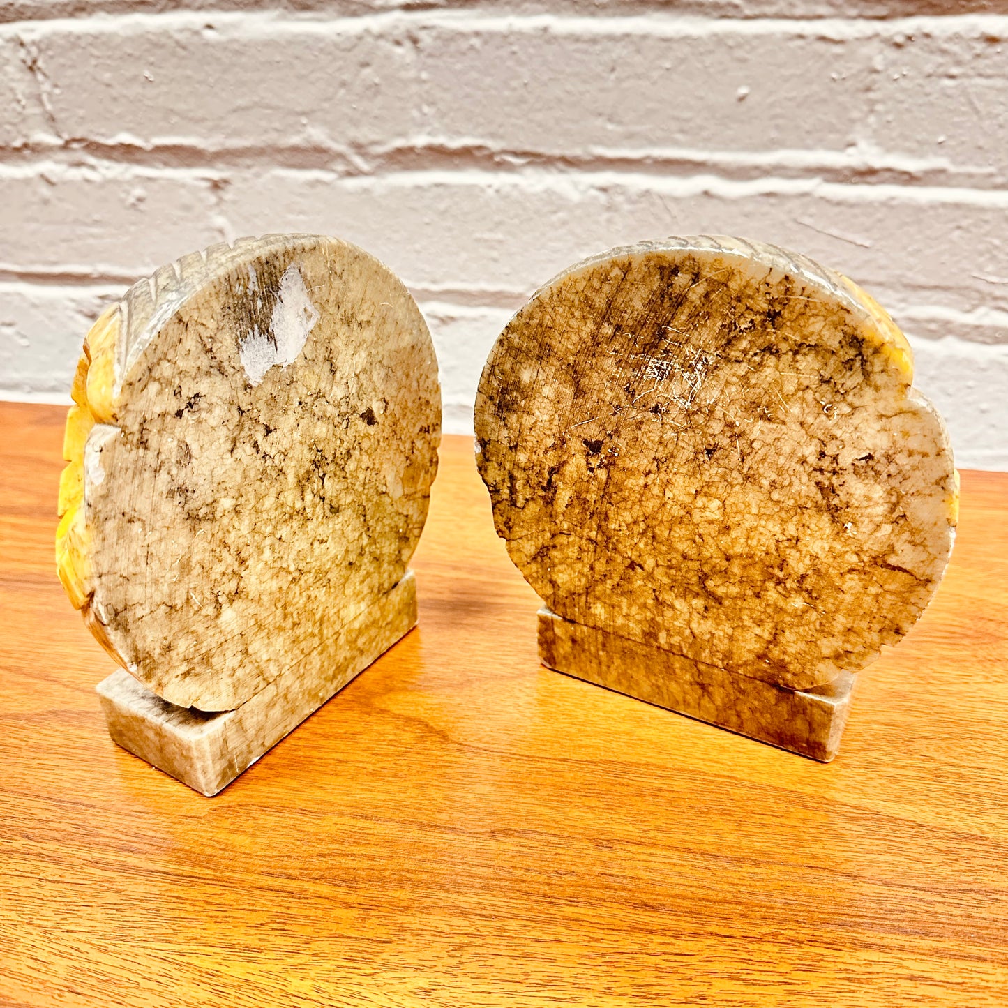 ITALIAN MARBLE ALABASTER OWL HEAD BOOKENDS