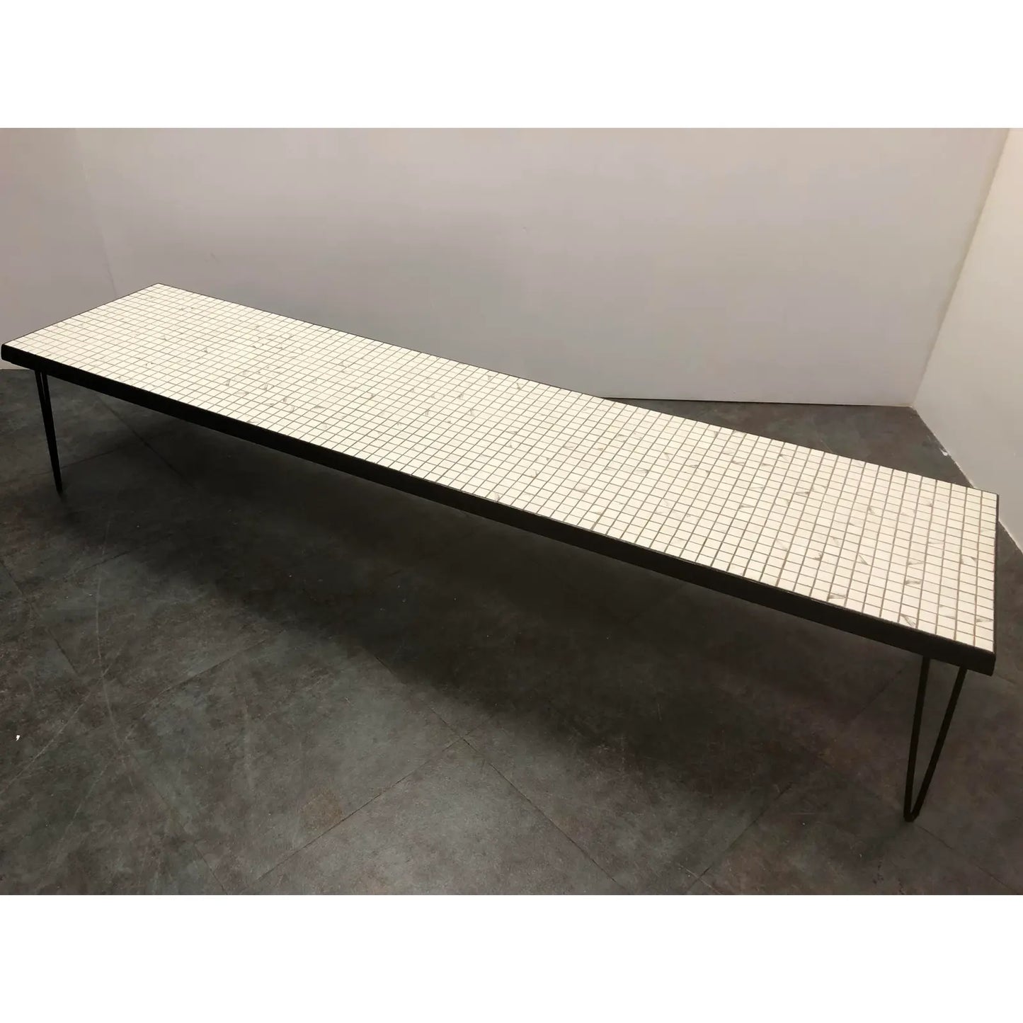 LONG MOSAIC HAIRPIN COFFEE TABLE WITH BLACK & WHITE TILE