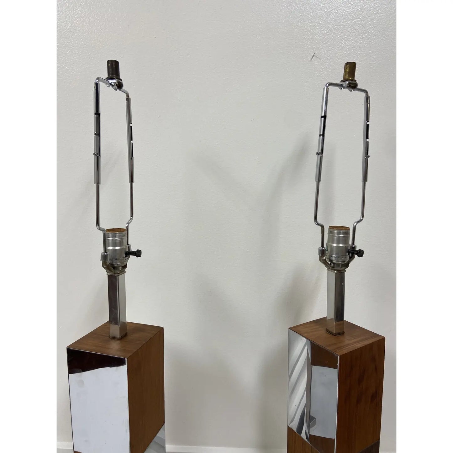 PAUL EVANS WALNUT & MIRRORED CHROME LAMPS - PAIR