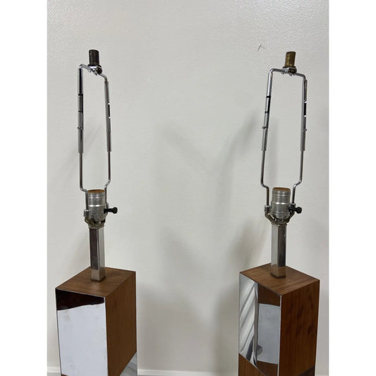PAUL EVANS WALNUT & MIRRORED CHROME LAMPS - PAIR