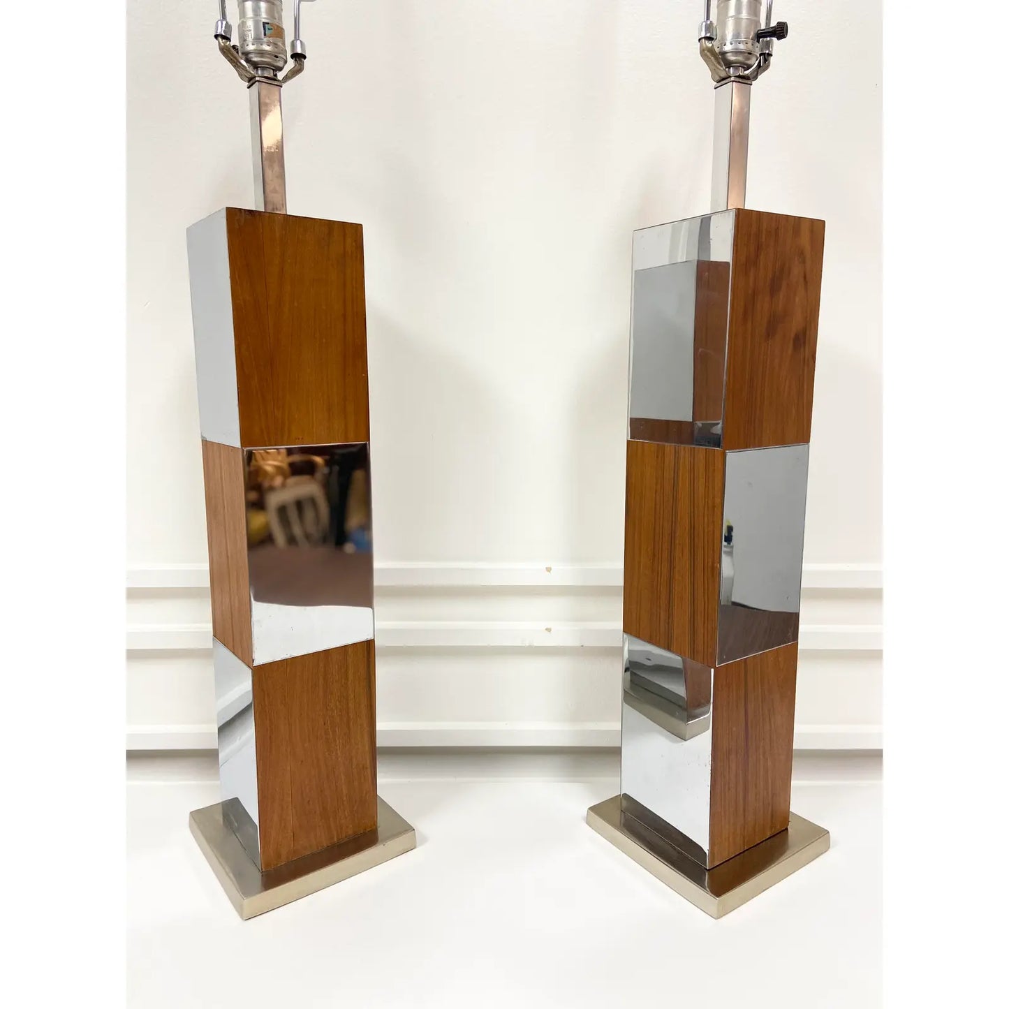 PAUL EVANS WALNUT & MIRRORED CHROME LAMPS - PAIR
