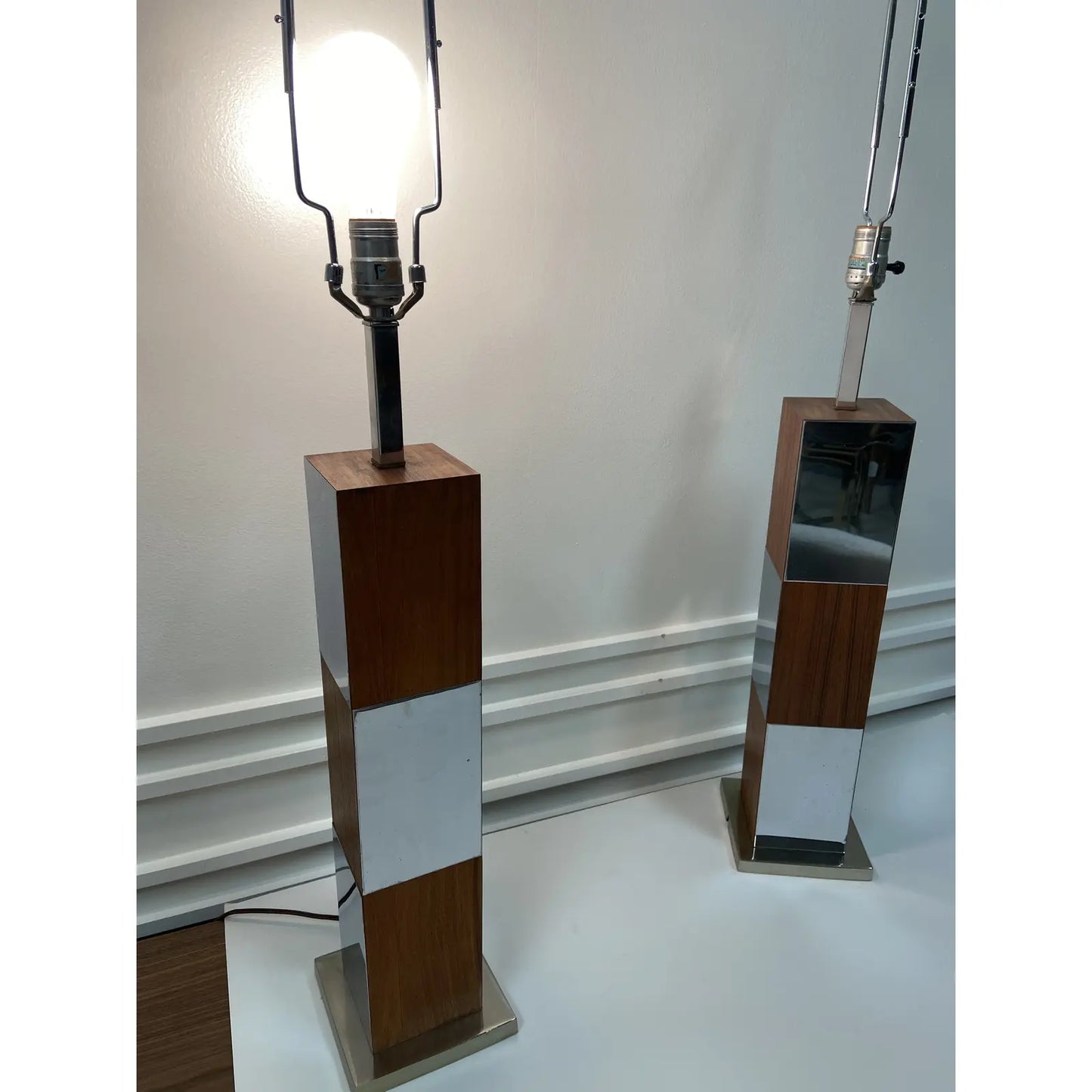 PAUL EVANS WALNUT & MIRRORED CHROME LAMPS - PAIR