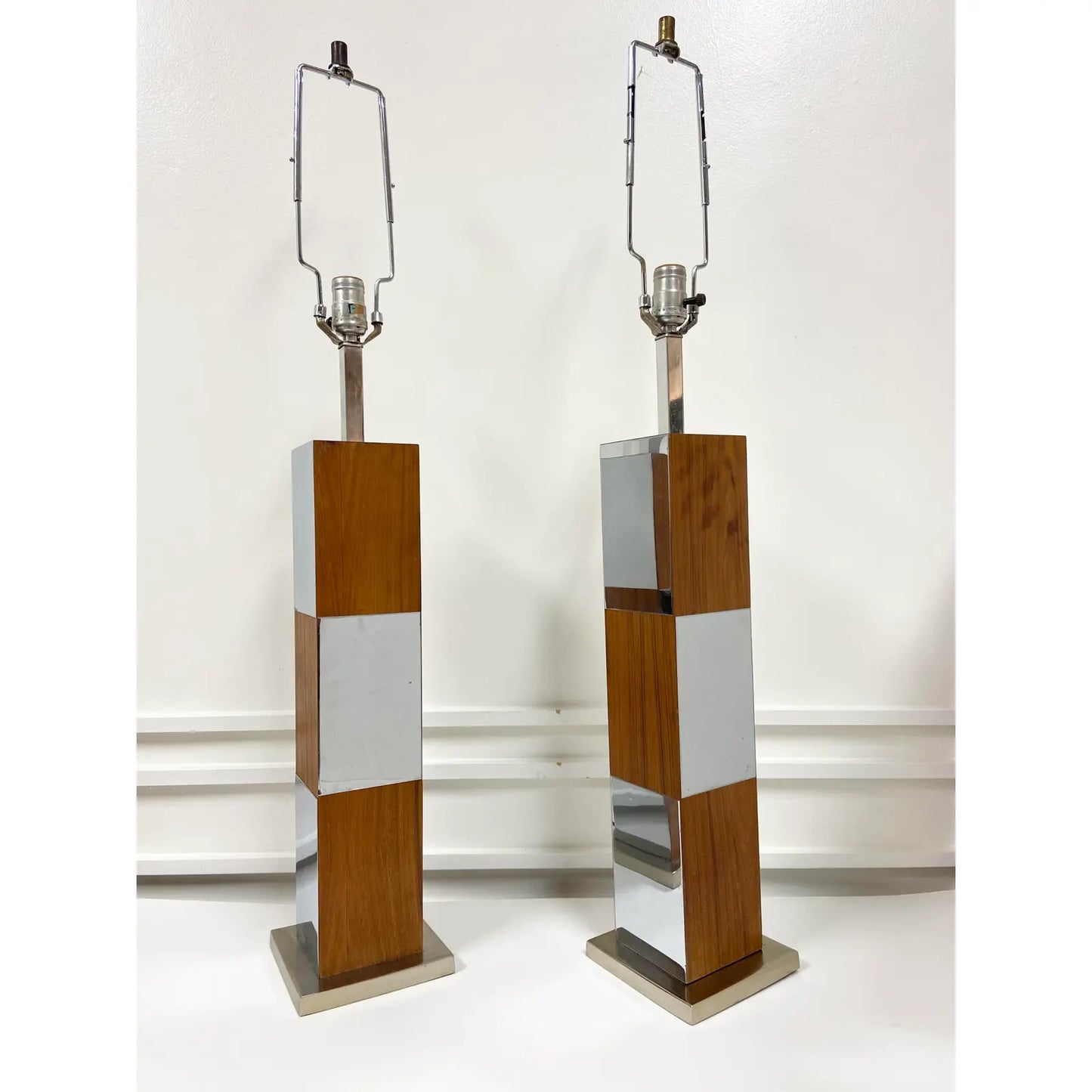 PAUL EVANS WALNUT & MIRRORED CHROME LAMPS - PAIR